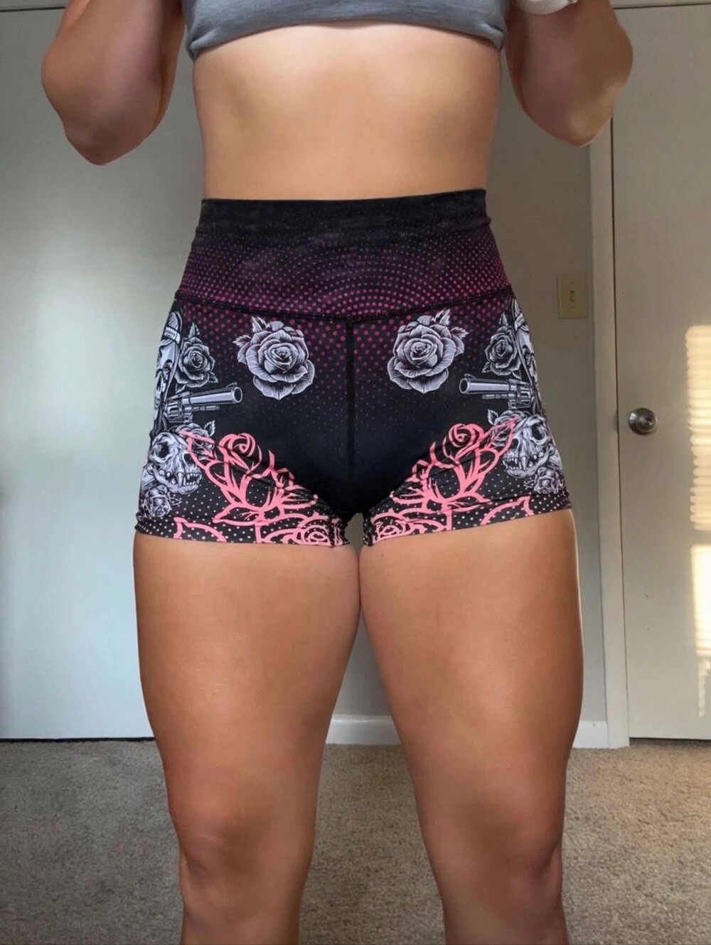 Black & Pink Floral Skull Print Athletic Shorts for Women